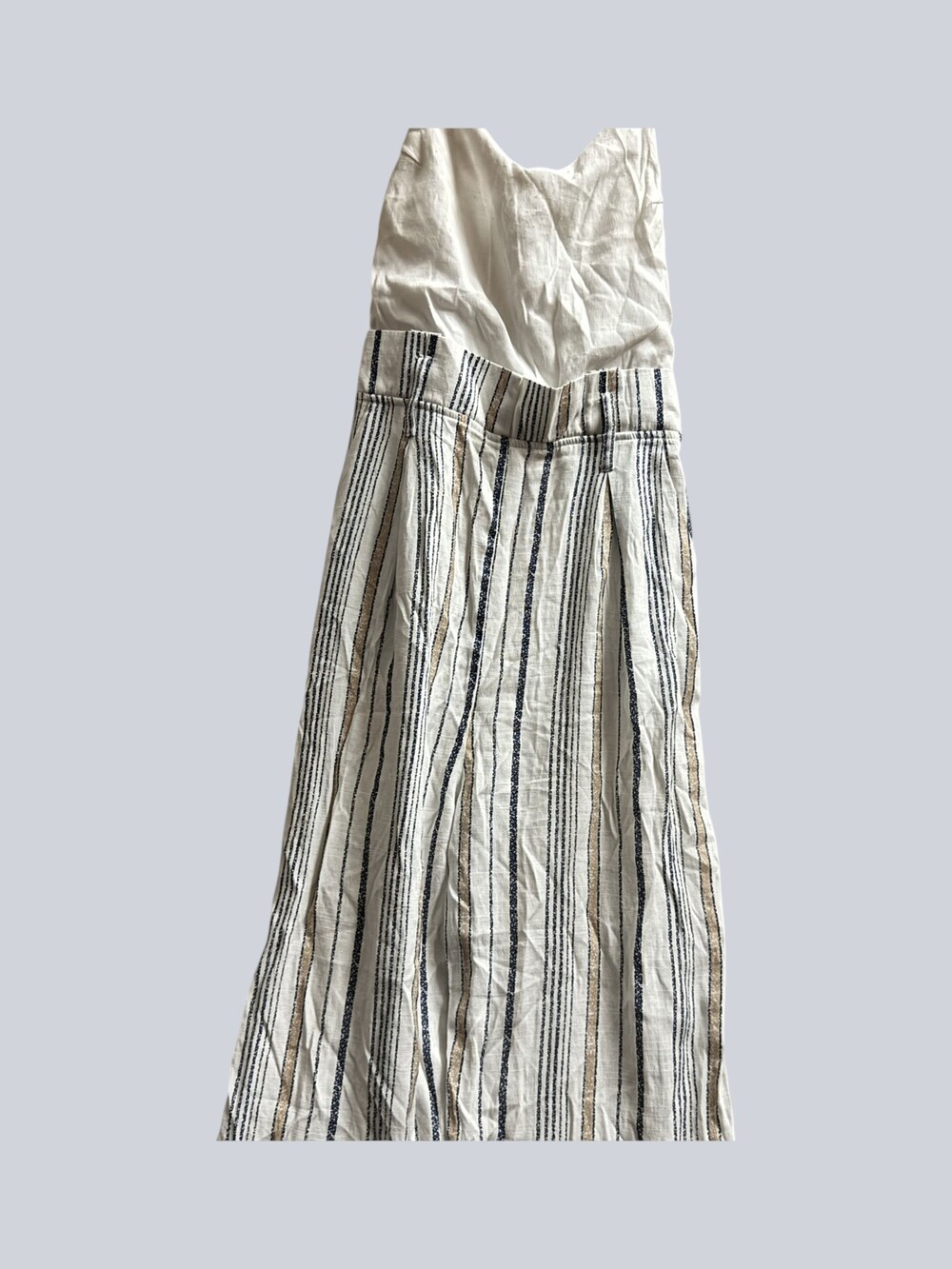 Striped Linen Cotton Jumpsuit Medium Cream Sleeveless Wide Leg Tie Waist